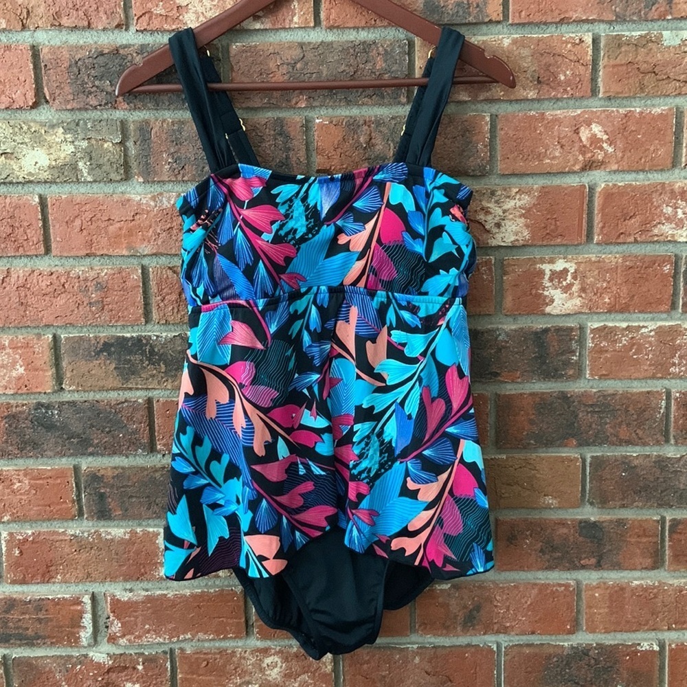 Maxine of Hollywood Black & Pink Tropical Floral One Piece Swim Dress Swimsuit